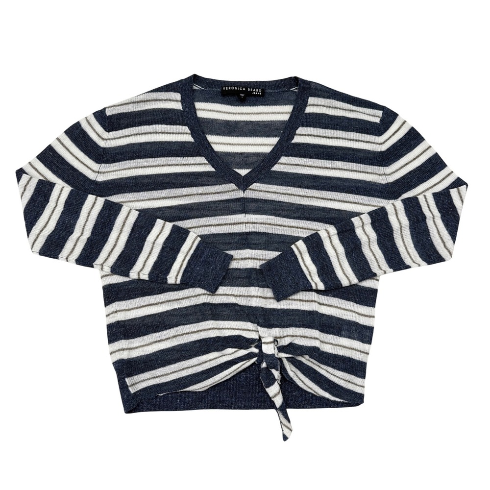 Veronica Beard Sweater Size Small Blue Striped Linen Blend V Neck Thin Knit